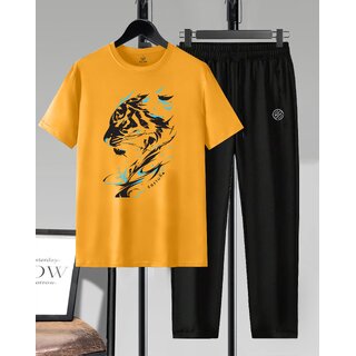 AUSK Mens Casual Printed Cotton Blend Mustard & Black Summer wear Co-ords set of T-Shirt & Trakpant
