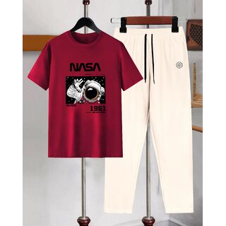 AUSK Mens Casual Striped Cotton Blend Beige & Maroon Summer wear Co-ords set of T-Shirt & Trakpant