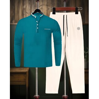 AUSK Mens Casual Checkered Cotton Blend Black & Teal Blue Summer wear Co-ords set of T-Shirt & Trakpant