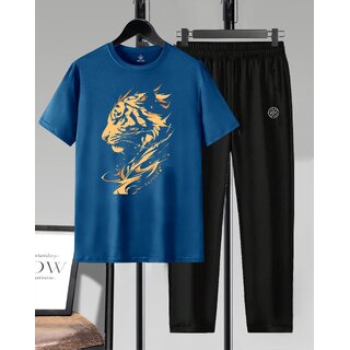 AUSK Mens Casual Printed Cotton Blend Teal Blue & Black Summer wear Co-ords set of T-Shirt & Trakpant