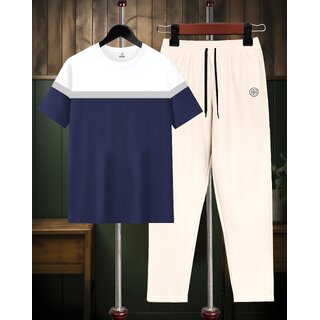 AUSK Mens Casual Checkered Cotton Blend Black & Navy Blue Summer wear Co-ords set of T-Shirt & Trakpant