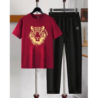 AUSK Mens Casual Printed Cotton Blend Maroon & Black Summer wear Co-ords set of T-Shirt & Trakpant