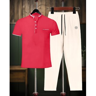 AUSK Mens Casual Striped Cotton Blend Black & Peach Summer wear Co-ords set of T-Shirt & Trakpant