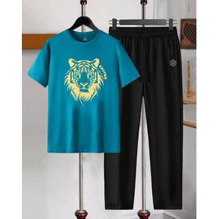 AUSK Mens Casual Printed Cotton Blend Teal Blue & Black Summer wear Co-ords set of T-Shirt & Trakpant