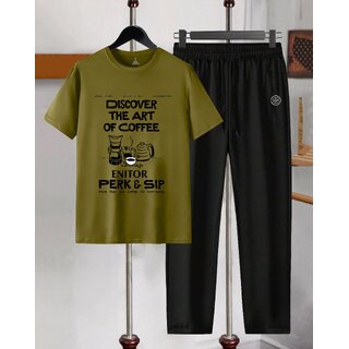 AUSK Mens Casual Printed Cotton Blend Green & Black Summer wear Co-ords set of T-Shirt & Trakpant