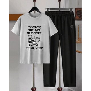 AUSK Mens Casual Printed Cotton Blend Grey & Black Summer wear Co-ords set of T-Shirt & Trakpant