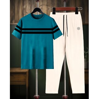 AUSK Mens Casual Striped Cotton Blend Black & Teal Blue Summer wear Co-ords set of T-Shirt & Trakpant