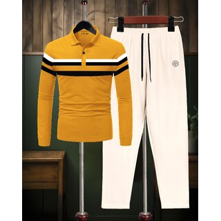 AUSK Mens Casual Striped Cotton Blend Black & Mustard Summer wear Co-ords set of T-Shirt & Trakpant