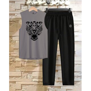 AUSK Mens Casual Printed Cotton Blend Grey & Black Summer wear Co-ords set of T-Shirt & Trakpant