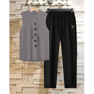 AUSK Mens Casual Printed Cotton Blend Grey & Black Summer wear Co-ords set of T-Shirt & Trakpant