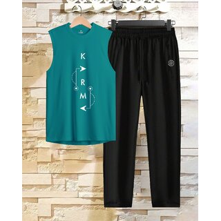 AUSK Mens Casual Solid::Printed Cotton Blend Teal Blue & Black Summer wear Co-ords set of T-Shirt & Trakpant