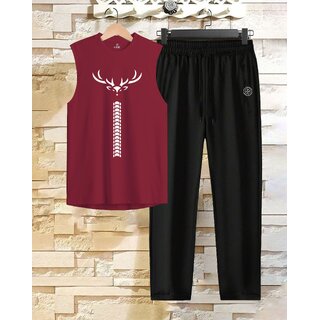 AUSK Mens Casual Solid::Printed Cotton Blend Maroon & Black Summer wear Co-ords set of T-Shirt & Trakpant