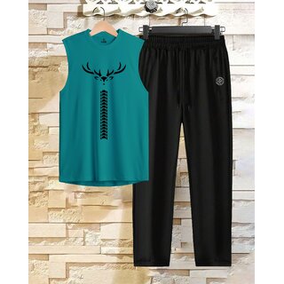 AUSK Mens Casual Solid::Printed Cotton Blend Teal Blue & Black Summer wear Co-ords set of T-Shirt & Trakpant