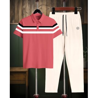 AUSK Mens Casual Checkered Cotton Blend Beige & Peach Summer wear Co-ords set of T-Shirt & Trakpant