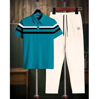 AUSK Mens Casual Striped Cotton Blend Beige & Teal Blue Summer wear Co-ords set of T-Shirt & Trakpant