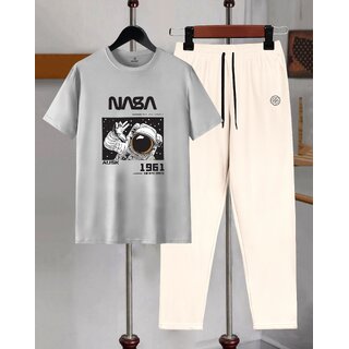 AUSK Mens Casual Printed Cotton Blend Grey & Beige Summer wear Co-ords set of T-Shirt & Trakpant