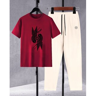 AUSK Mens Casual Graphic Print Cotton Blend Maroon & Beige Summer wear Co-ords set of T-Shirt & Trakpant