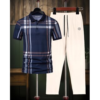 AUSK Mens Casual Printed Cotton Blend Beige & Navy Blue Summer wear Co-ords set of T-Shirt & Trakpant
