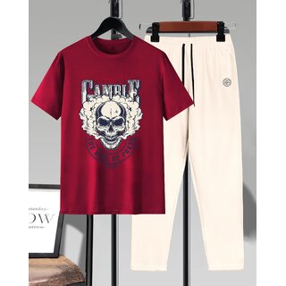 AUSK Mens Casual Graphic Print Cotton Blend Maroon & Beige Summer wear Co-ords set of T-Shirt & Trakpant