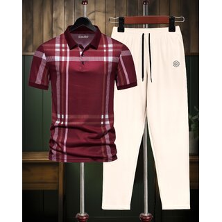 AUSK Mens Casual Printed Cotton Blend Beige & Maroon Summer wear Co-ords set of T-Shirt & Trakpant