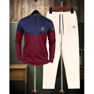 AUSK Mens Casual Striped Cotton Blend Beige & Maroon Summer wear Co-ords set of T-Shirt & Trakpant