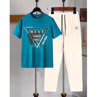 AUSK Mens Casual Printed Cotton Blend Teal Blue & Beige Summer wear Co-ords set of T-Shirt & Trakpant