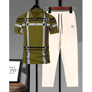 AUSK Mens Casual Printed Cotton Blend Green & Beige Summer wear Co-ords set of T-Shirt & Trakpant