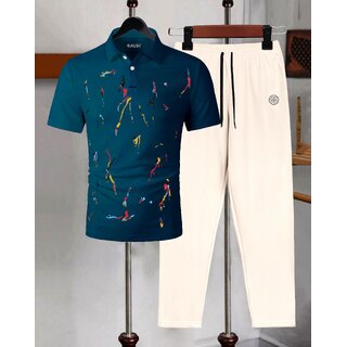 AUSK Mens Casual Printed Cotton Blend Teal Blue & Beige Summer wear Co-ords set of T-Shirt & Trakpant