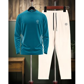 AUSK Mens Casual Striped Cotton Blend Beige & Teal Blue Summer wear Co-ords set of T-Shirt & Trakpant