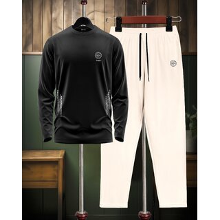AUSK Mens Casual Printed Cotton Blend Beige & Black Summer wear Co-ords set of T-Shirt & Trakpant