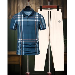AUSK Mens Casual Striped Cotton Blend Beige & Teal Blue Summer wear Co-ords set of T-Shirt & Trakpant