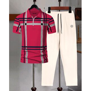 AUSK Mens Casual Printed Cotton Blend Pink & Beige Summer wear Co-ords set of T-Shirt & Trakpant