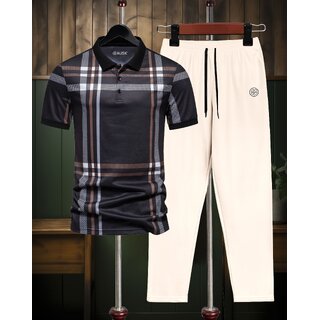 AUSK Mens Casual Striped Cotton Blend Beige & Black Summer wear Co-ords set of T-Shirt & Trakpant