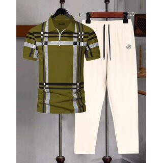 AUSK Mens Casual Printed Cotton Blend Green & Beige Summer wear Co-ords set of T-Shirt & Trakpant