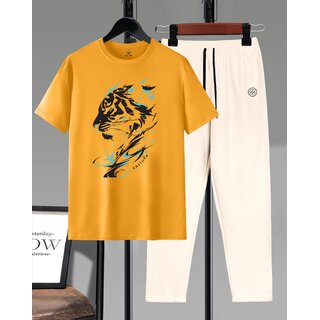 AUSK Mens Casual Printed Cotton Blend Mustard & Beige Summer wear Co-ords set of T-Shirt & Trakpant