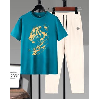 AUSK Mens Casual Printed Cotton Blend Teal Blue & Beige Summer wear Co-ords set of T-Shirt & Trakpant