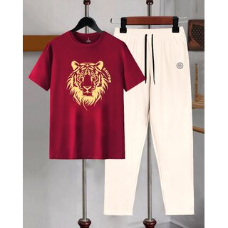 AUSK Mens Casual Printed Cotton Blend Maroon & Beige Summer wear Co-ords set of T-Shirt & Trakpant