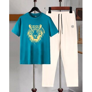 AUSK Mens Casual Printed Cotton Blend Teal Blue & Beige Summer wear Co-ords set of T-Shirt & Trakpant