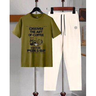 AUSK Mens Casual Printed Cotton Blend Green & Beige Summer wear Co-ords set of T-Shirt & Trakpant