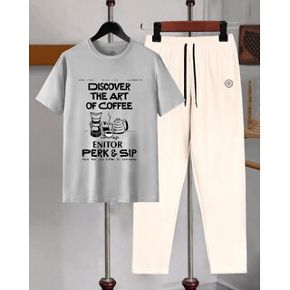 AUSK Mens Casual Printed Cotton Blend Grey & Beige Summer wear Co-ords set of T-Shirt & Trakpant