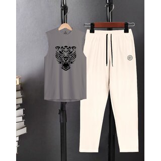 AUSK Mens Casual Printed Cotton Blend Grey & Beige Summer wear Co-ords set of T-Shirt & Trakpant