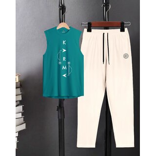 AUSK Mens Casual Solid::Printed Cotton Blend Teal Blue & Beige Summer wear Co-ords set of T-Shirt & Trakpant