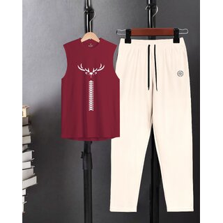 AUSK Mens Casual Solid::Printed Cotton Blend Maroon & Beige Summer wear Co-ords set of T-Shirt & Trakpant