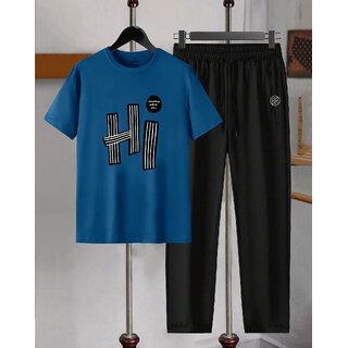 AUSK Mens Casual Printed Cotton Blend Teal Blue & Black Summer wear Co-ords set of T-Shirt & Trakpant