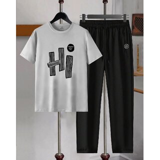 AUSK Mens Casual Printed Cotton Blend Grey & Black Summer wear Co-ords set of T-Shirt & Trakpant