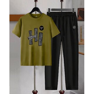 AUSK Mens Casual Printed Cotton Blend Green & Black Summer wear Co-ords set of T-Shirt & Trakpant