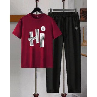 AUSK Mens Casual Printed Cotton Blend Maroon & Black Summer wear Co-ords set of T-Shirt & Trakpant