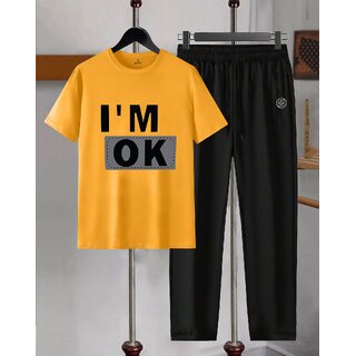 AUSK Mens Casual Printed Cotton Blend Mustard & Black Summer wear Co-ords set of T-Shirt & Trakpant