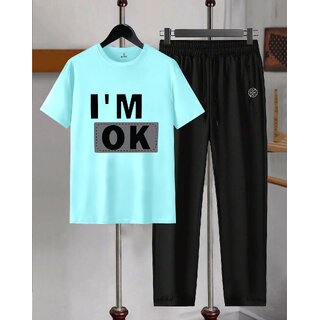 AUSK Mens Casual Printed Cotton Blend Sky Blue & Black Summer wear Co-ords set of T-Shirt & Trakpant