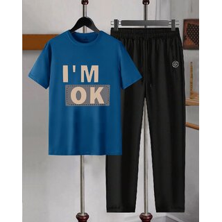 AUSK Mens Casual Printed Cotton Blend Teal Blue & Black Summer wear Co-ords set of T-Shirt & Trakpant